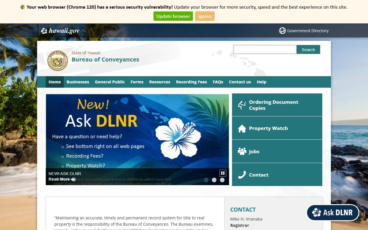 Hawaii Bureau of Conveyances deed records homepage