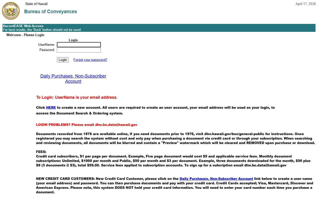 RecordEASE online Hawaii deed records search portal